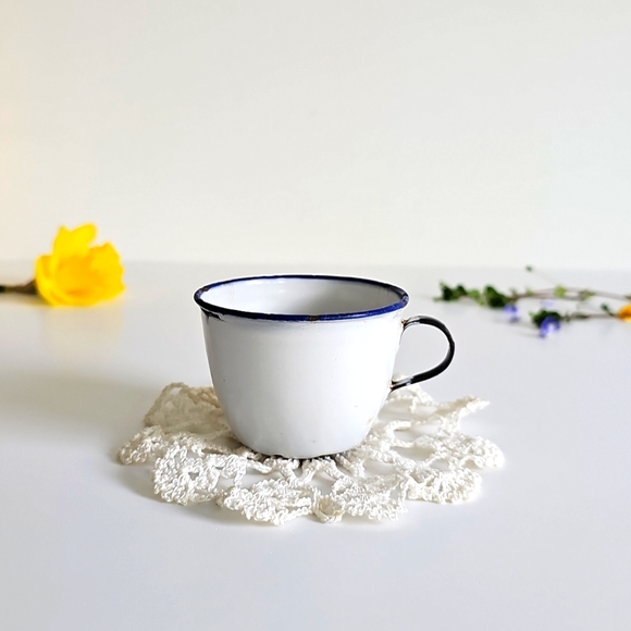 Antique K.E.R. Sweden White Enamelware Cup Blue White Trim Coffee Small Teacup - Picture 1 of 16